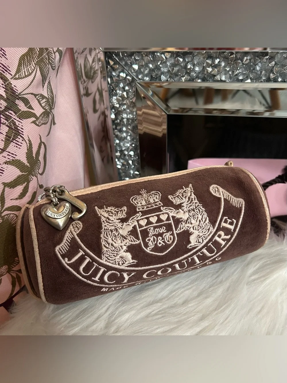 Vintage 2004 Juicy Couture Brown Velour Pink Leather Barrel Cosmetic Tootsie Bag